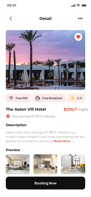 Aston app — hotel detail screen with amenities and photo preview
