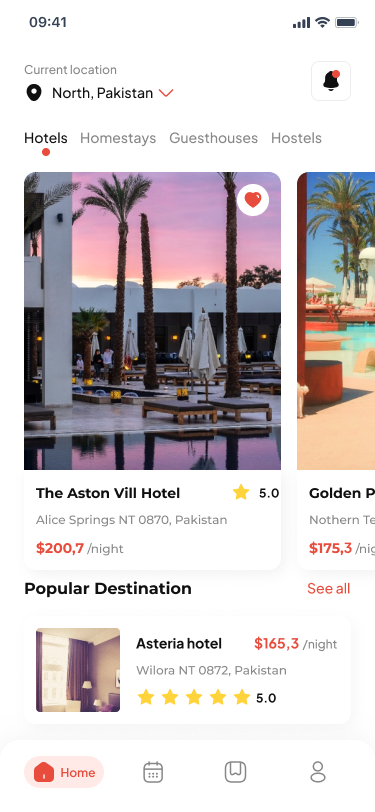 Aston app — home screen, browsing hotels by category and popular destination