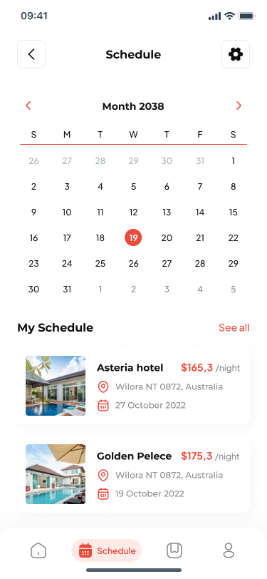 Aston app — schedule screen with calendar and upcoming stays